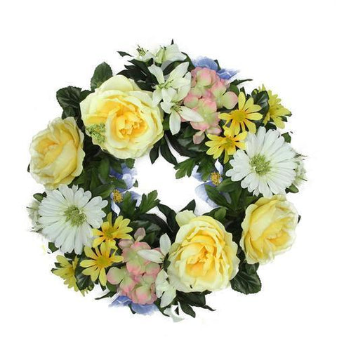 18" Decorative Yellow and Green Cabbage Rose and Daisy Flowers Artificial Spring Floral Wreath