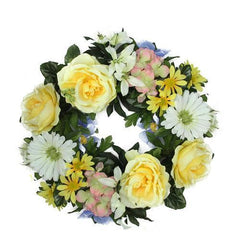18" Decorative Yellow and Green Cabbage Rose and Daisy Flowers Artificial Spring Floral Wreath