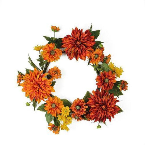 22" Autumn Harvest Orange Mums and Yellow Daisies Floral Wreath - Unlit