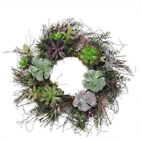 22" Decorative Succulent Mix Spiral Vine Artifial Wreath - Unlit