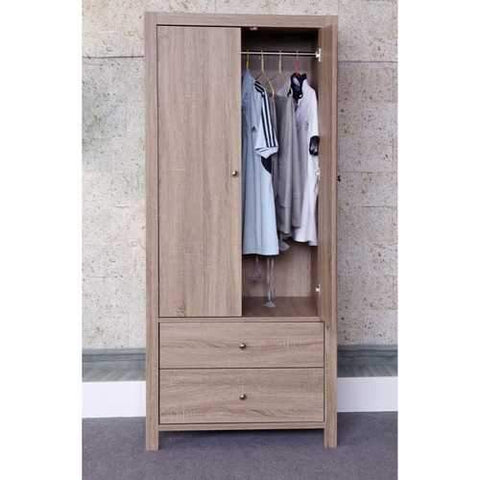 Capacious Brown Finish 2 Drawers Wardrobe With Metal Glides And Inner Hanging Rail.