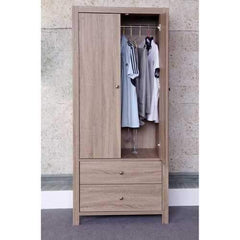 Capacious Brown Finish 2 Drawers Wardrobe With Metal Glides And Inner Hanging Rail.