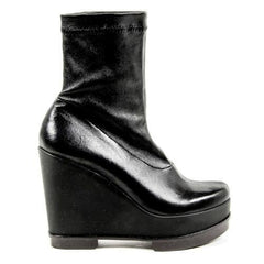 Black 37.5 EUR - 7.5 US Robert Clergerie Paris Womens Wedge Short Boot SOUZIJ AGNEAU STRETCH NOIR DBL NR