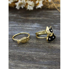 Golden Cute Crystal Cat And Fish Finger Ring Pack