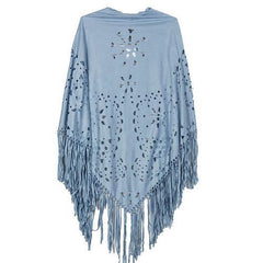 Light Blue Suedette Laser Cut Fringed Cape