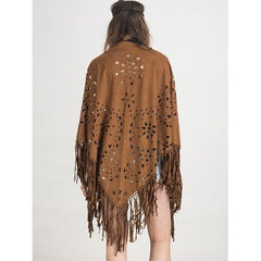 Coffee Suedette Laser Cut Fringed Cape