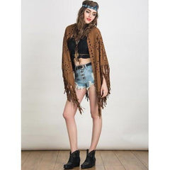Coffee Suedette Laser Cut Fringed Cape
