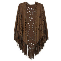 Coffee Suedette Laser Cut Fringed Cape