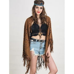 Coffee Suedette Laser Cut Fringed Cape
