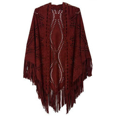 Burgundy Suedette Laser Cut Tasseled Cape