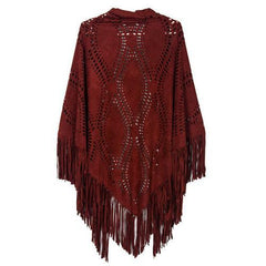 Burgundy Suedette Laser Cut Tasseled Cape