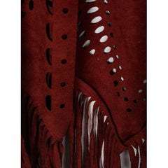 Burgundy Suedette Laser Cut Tasseled Cape
